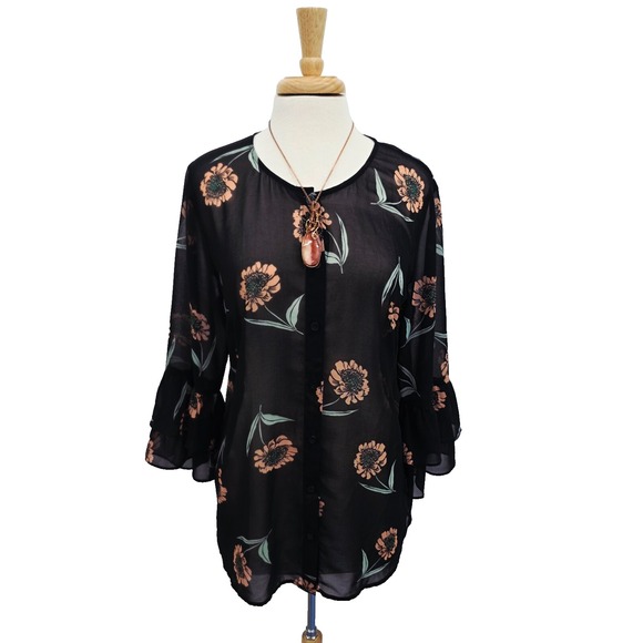 Cabi Womens Black Sheer Floral Blouse L Ruffle Sleeve Button Front Top Romantic - Picture 2 of 15